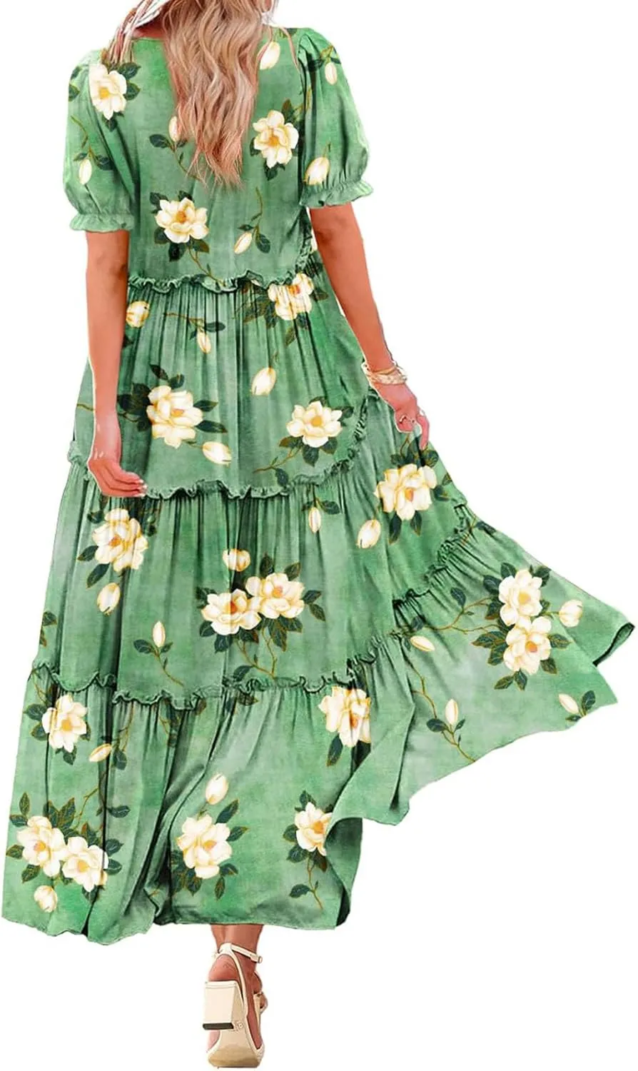 Bohemian Floral Dresses for Women Summer Crewneck Puff Short Sleeve Long Midi Dress 2025 Flowy Swing Dresses