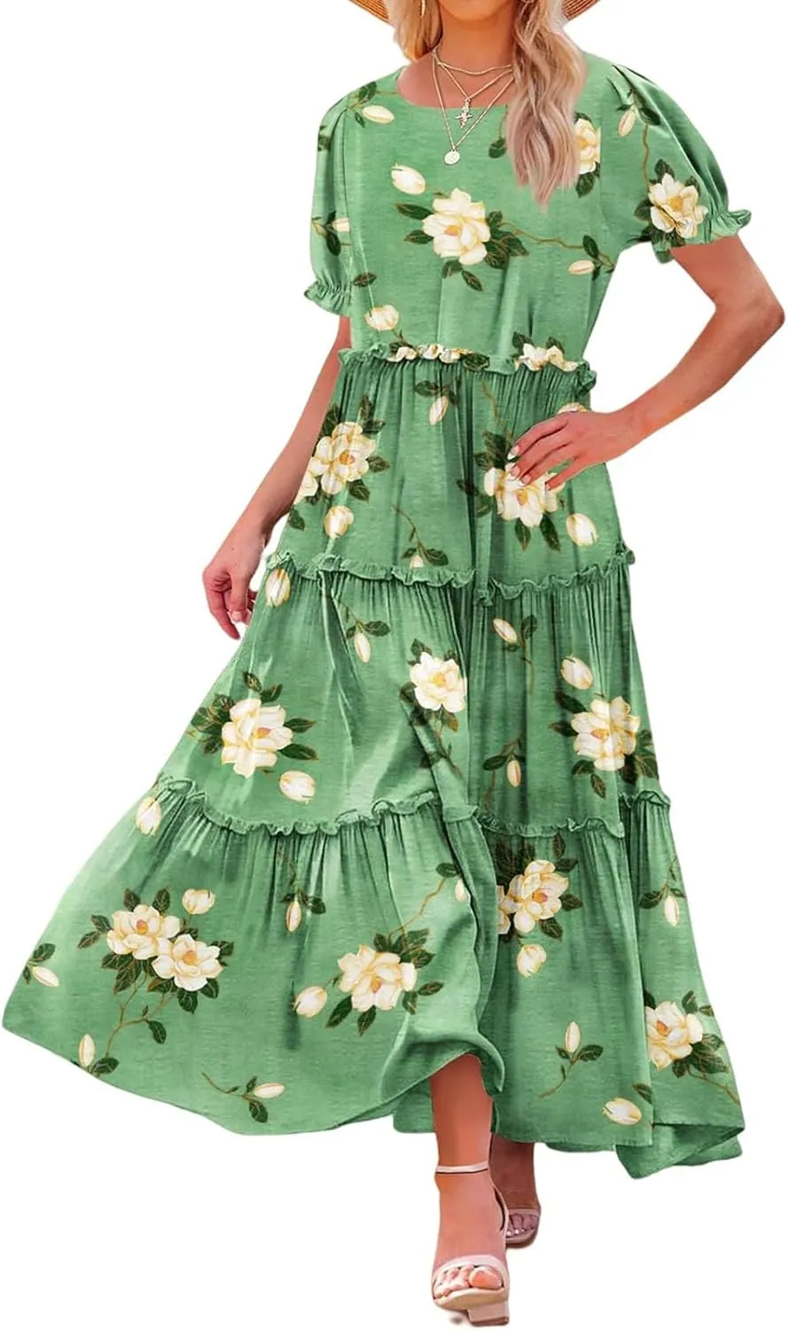 Bohemian Floral Dresses for Women Summer Crewneck Puff Short Sleeve Long Midi Dress 2025 Flowy Swing Dresses