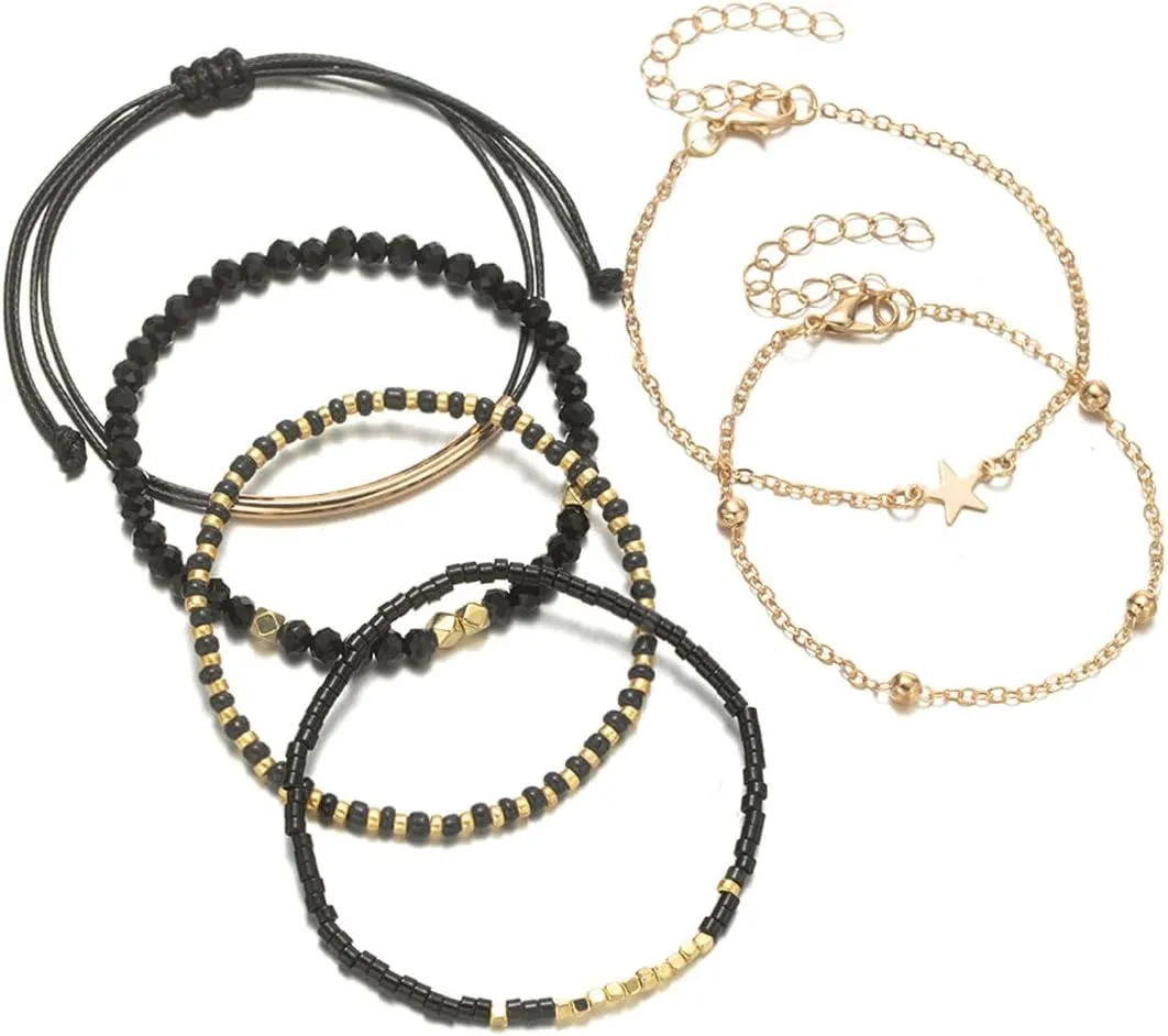 Bohemian Layered Bracelet Set, 6 Piece Black and Gold Beaded Bracelets with Star Charm, Fashion Chain Stretch Stackable Jewelry