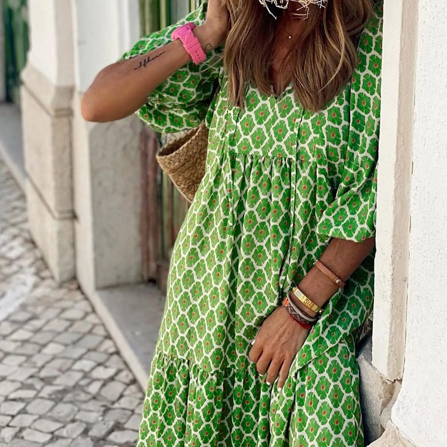 Boho Floral Dress for Women Summer Casual V Neck Ruffle Maxi A Line Flowy Beach Dress Wedding Guest Dresses