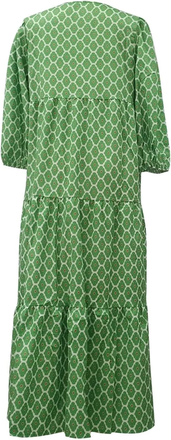 Boho Floral Dress for Women Summer Casual V Neck Ruffle Maxi A Line Flowy Beach Dress Wedding Guest Dresses