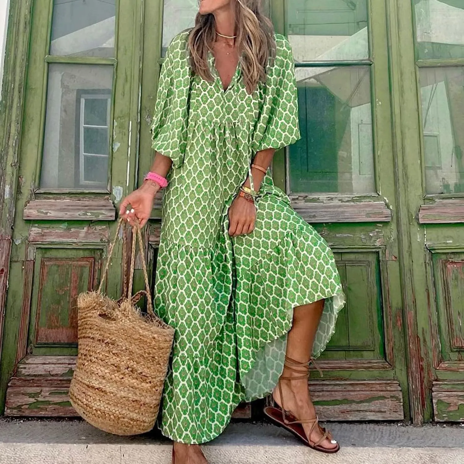 Boho Floral Dress for Women Summer Casual V Neck Ruffle Maxi A Line Flowy Beach Dress Wedding Guest Dresses