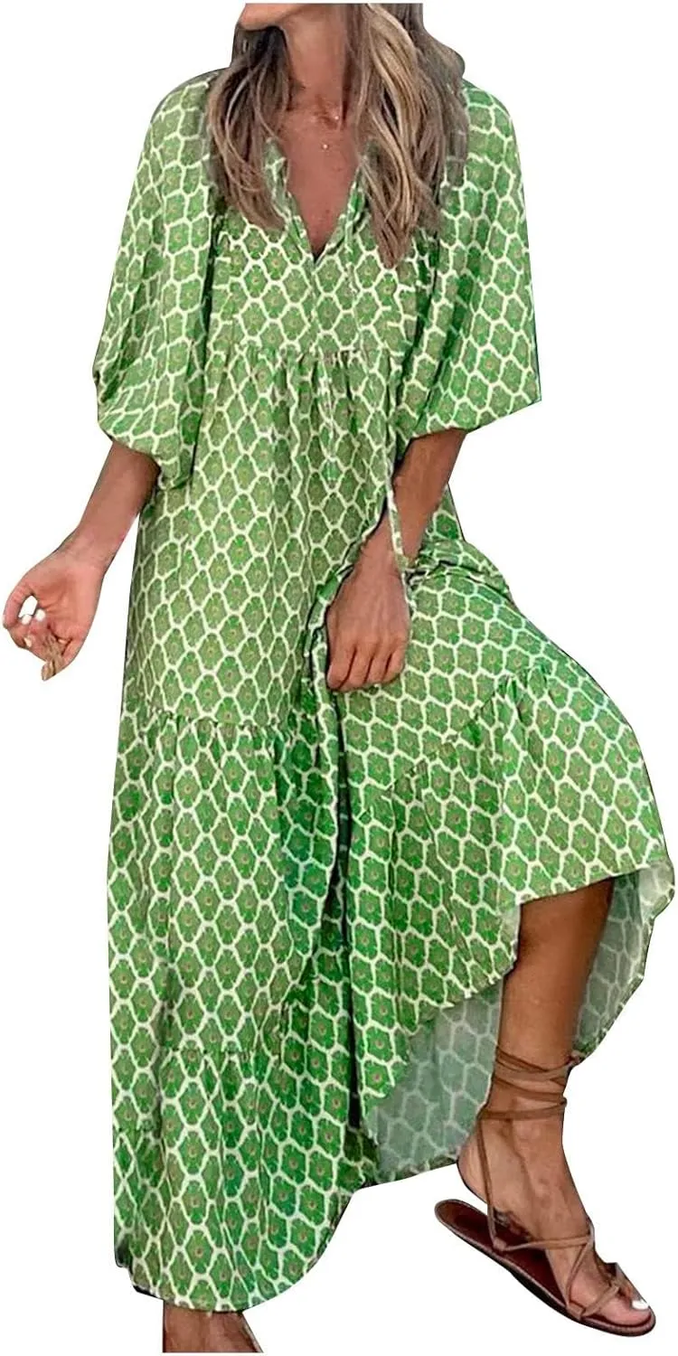 Boho Floral Dress for Women Summer Casual V Neck Ruffle Maxi A Line Flowy Beach Dress Wedding Guest Dresses