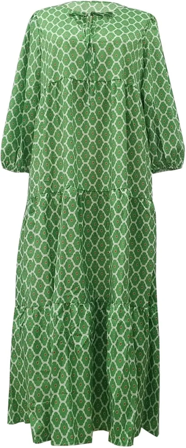 Boho Floral Dress for Women Summer Casual V Neck Ruffle Maxi A Line Flowy Beach Dress Wedding Guest Dresses