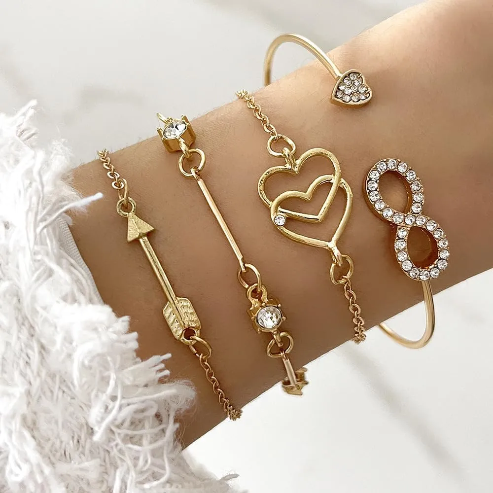Boho Gold Bangle Bracelets Sets for Women,Heart Bow Bracelets Layered Stackable Open Cuff Wrap Bangles Adjustable Link Chain,Chunky Gold Bacelets