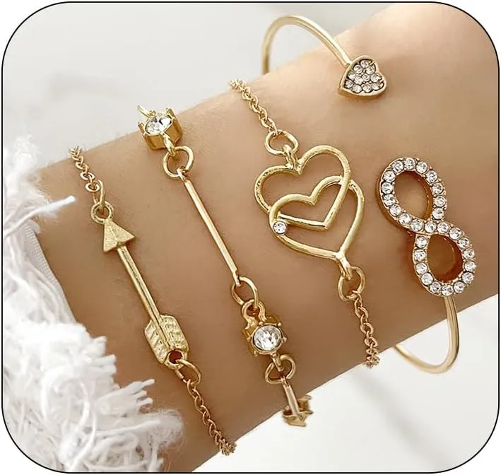 Boho Gold Bangle Bracelets Sets for Women,Heart Bow Bracelets Layered Stackable Open Cuff Wrap Bangles Adjustable Link Chain,Chunky Gold Bacelets