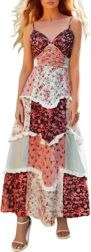 Boho Maxi Sundress for Women Summer 2025 Vacation Flowy Floral Sleeveless V Neck Sexy Dress Beach Bohemian Dress