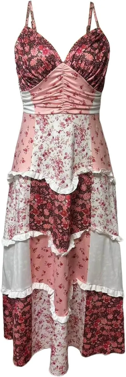 Boho Maxi Sundress for Women Summer 2025 Vacation Flowy Floral Sleeveless V Neck Sexy Dress Beach Bohemian Dress