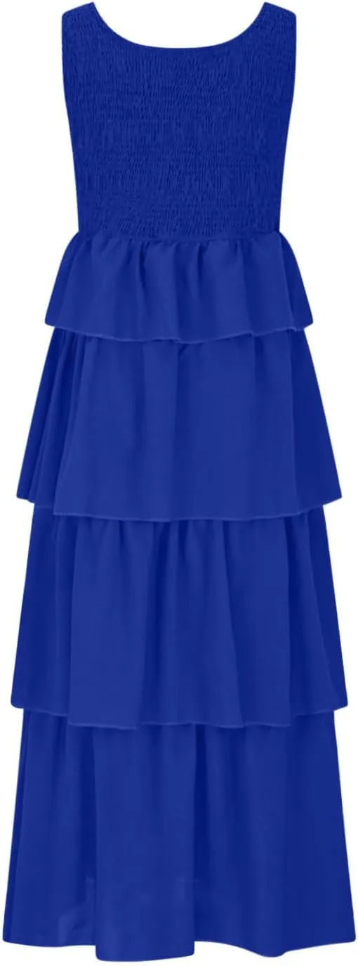 Borniu Women's Summer Casual U Neck Sleeveless Smocked High Waist Tank Midi Dress Tiered Flowy Beach Vacation Cake Dresses