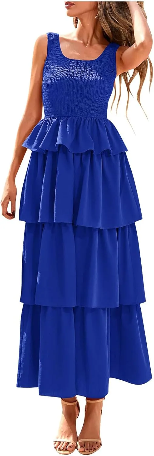 Borniu Women's Summer Casual U Neck Sleeveless Smocked High Waist Tank Midi Dress Tiered Flowy Beach Vacation Cake Dresses