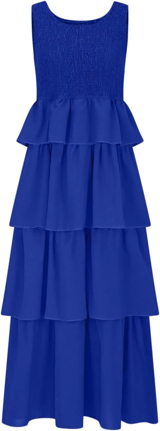 Borniu Women's Summer Casual U Neck Sleeveless Smocked High Waist Tank Midi Dress Tiered Flowy Beach Vacation Cake Dresses
