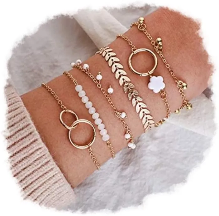 Bracelet Women's Bangle Set of 6 Gold Herrungbone Infinity Link Stacking Chain Dainty Layered Fashion Delicate Jewelry Gifts for Women