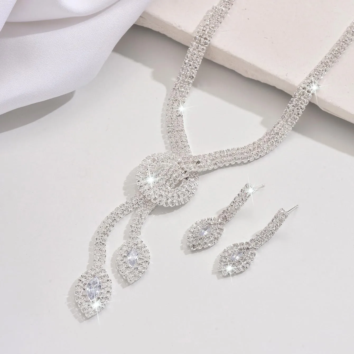 Bridal Jewelry Sets Wedding Necklace Earrings Silver Rhinestone Chain Necklace Bracelet Bridal Jewelry Sets for Women