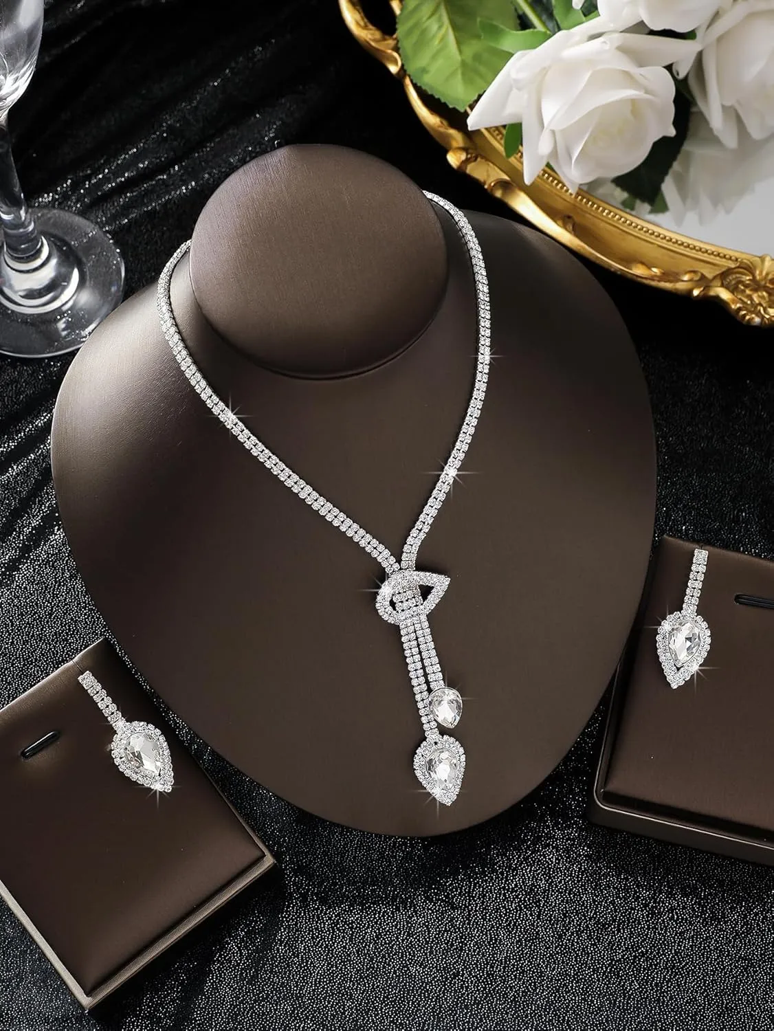 Bridal Jewelry Sets Wedding Necklace Earrings Silver Rhinestone Chain Necklace Bracelet Bridal Jewelry Sets for Women