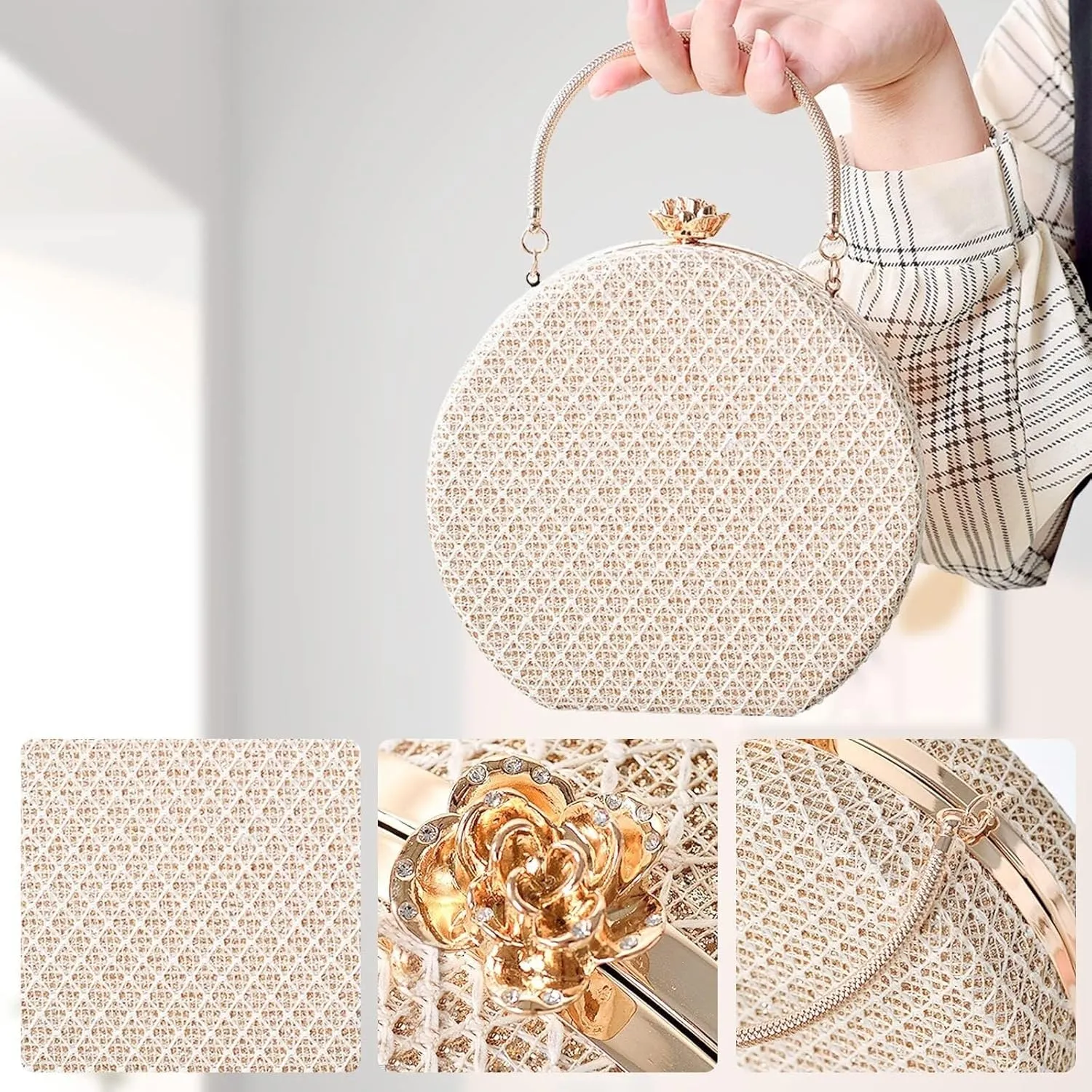 Bridal Wedding Purse PU Leather Formal Crossbody Women's Evening Handbags Luxury Round Clutch Purse Shoulder