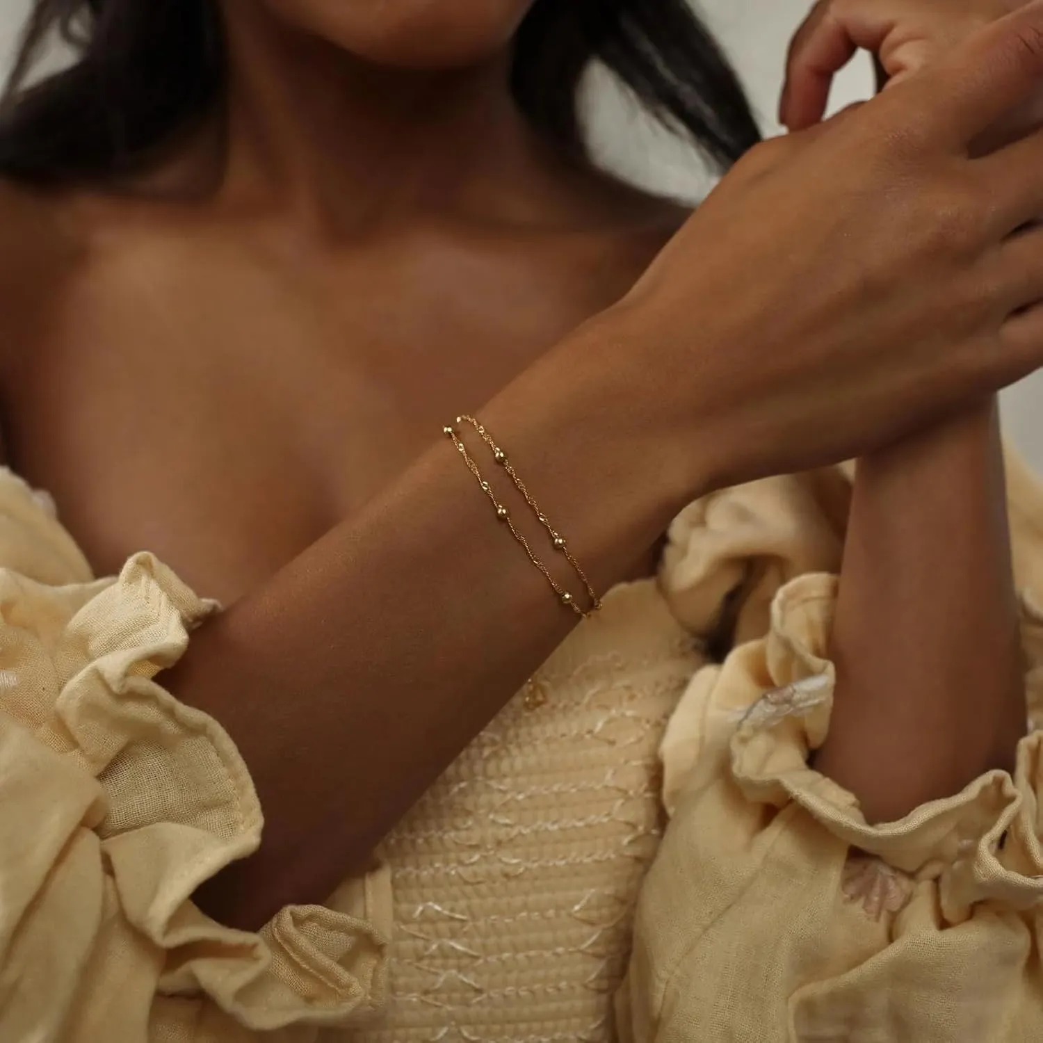 CAITLYNMINIMALIST Duo Beaded Chain Layered Stackable Dainty 18K Gold Sterling Silver Bracelets for Women