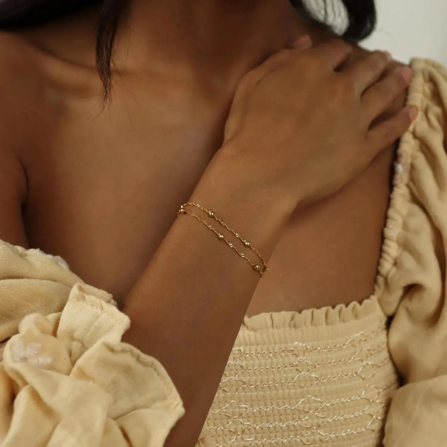 CAITLYNMINIMALIST Duo Beaded Chain Layered Stackable Dainty 18K Gold Sterling Silver Bracelets for Women