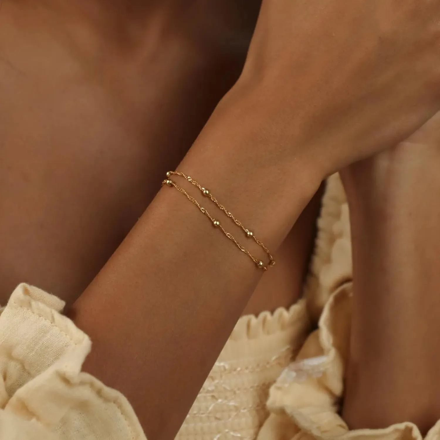 CAITLYNMINIMALIST Duo Beaded Chain Layered Stackable Dainty 18K Gold Sterling Silver Bracelets for Women