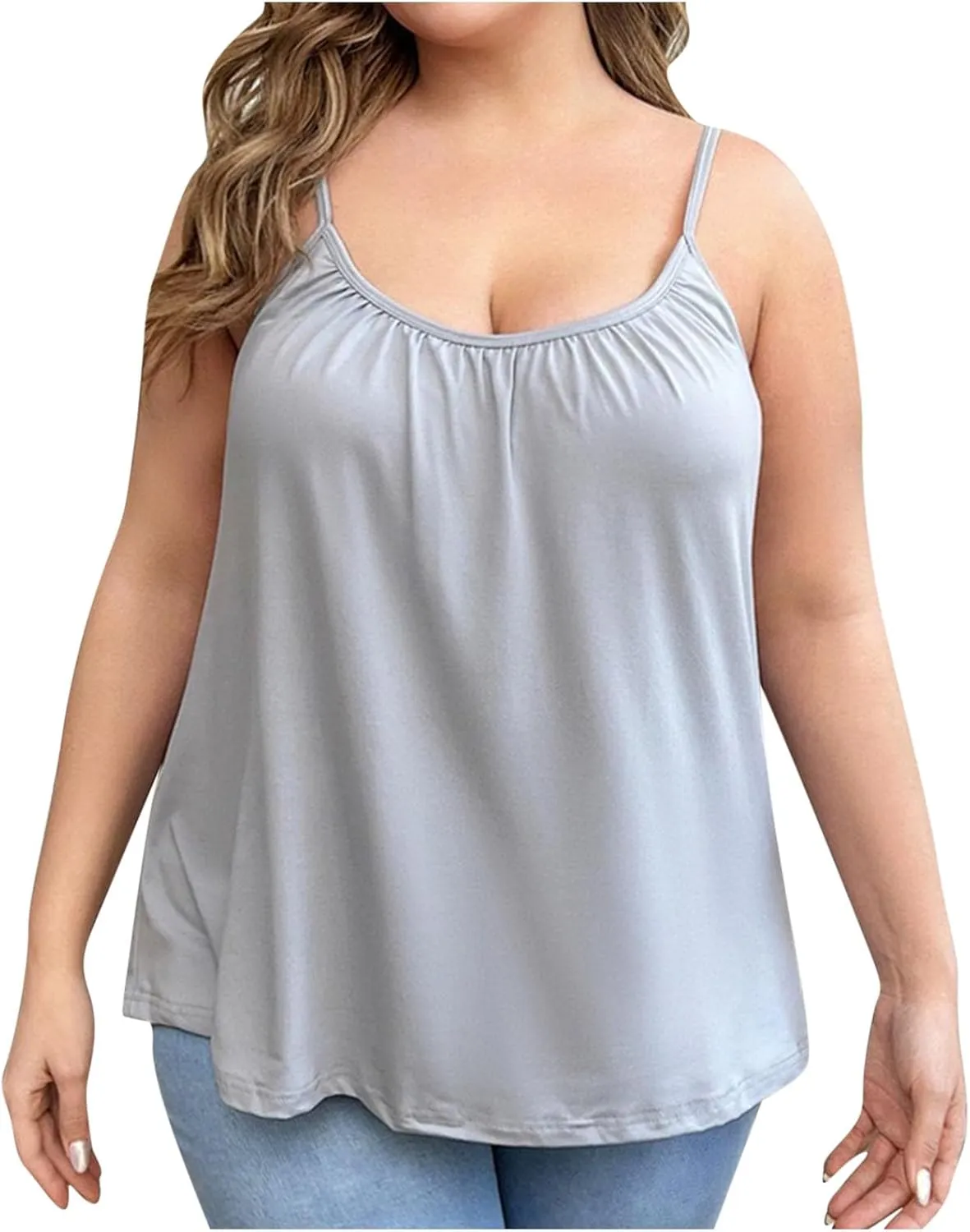Camisole for Women Built in Bra Tank Tops Plus Size Flowy Cami Adjustable Spaghetti Strap Tanks Pleated Loose Vest