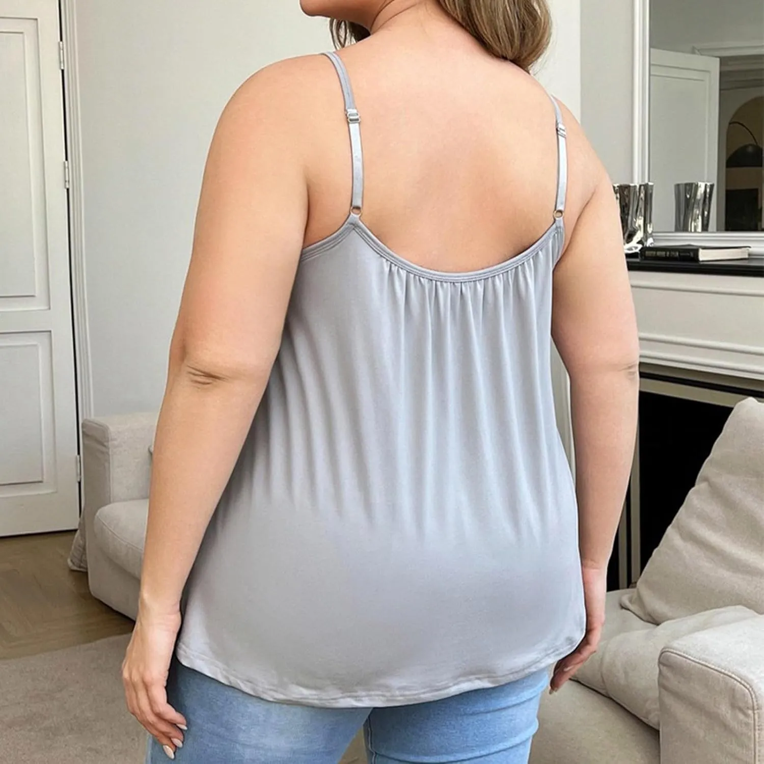 Camisole for Women Built in Bra Tank Tops Plus Size Flowy Cami Adjustable Spaghetti Strap Tanks Pleated Loose Vest