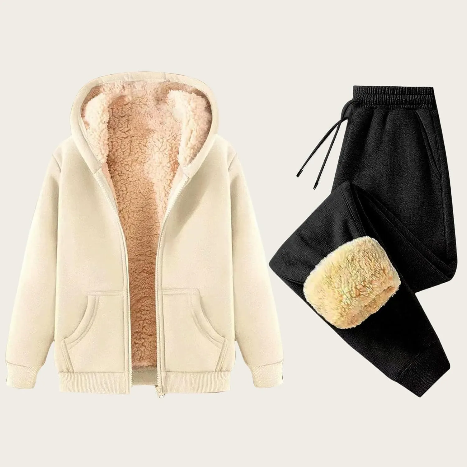 Canbebig 2 Piece Outfits Women Sherpa Fleece Lined Sweatsuits Zip Up Hoodie and Sweatpants Sets Matching Sets Warm Sets