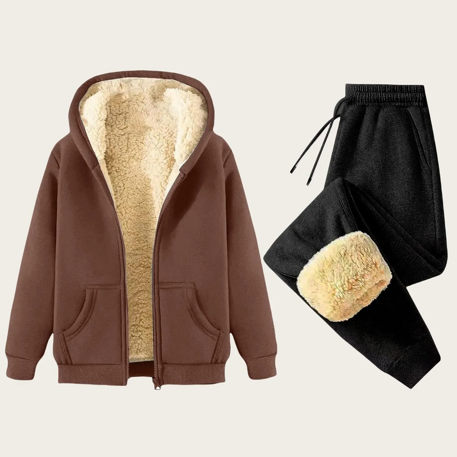 Canbebig 2 Piece Outfits Women Sherpa Fleece Lined Sweatsuits Zip Up Hoodie and Sweatpants Sets Matching Sets Warm Sets