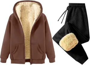 Canbebig 2 Piece Outfits Women Sherpa Fleece Lined Sweatsuits Zip Up Hoodie and Sweatpants Sets Matching Sets Warm Sets