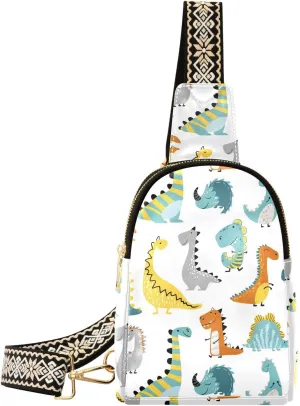Cartoon Dinosaur Fanny Pack Crossbody PC Leather Small Sling Bag for Women Childish Fashion Waist Packs Chest Bag for Travel Sports Running Hiking