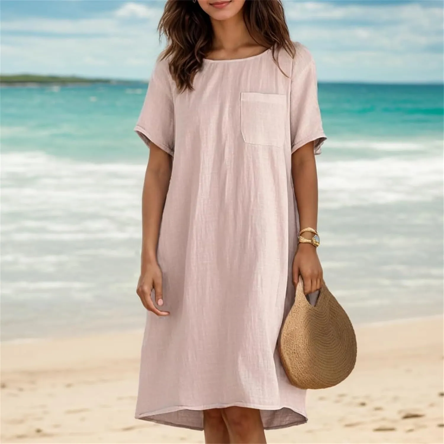 Casual Summer Dresses for Women 2025,Women's Loose Fit Cotton Linen Dresses Short Sleeve Knee Length Solid Beach Dress