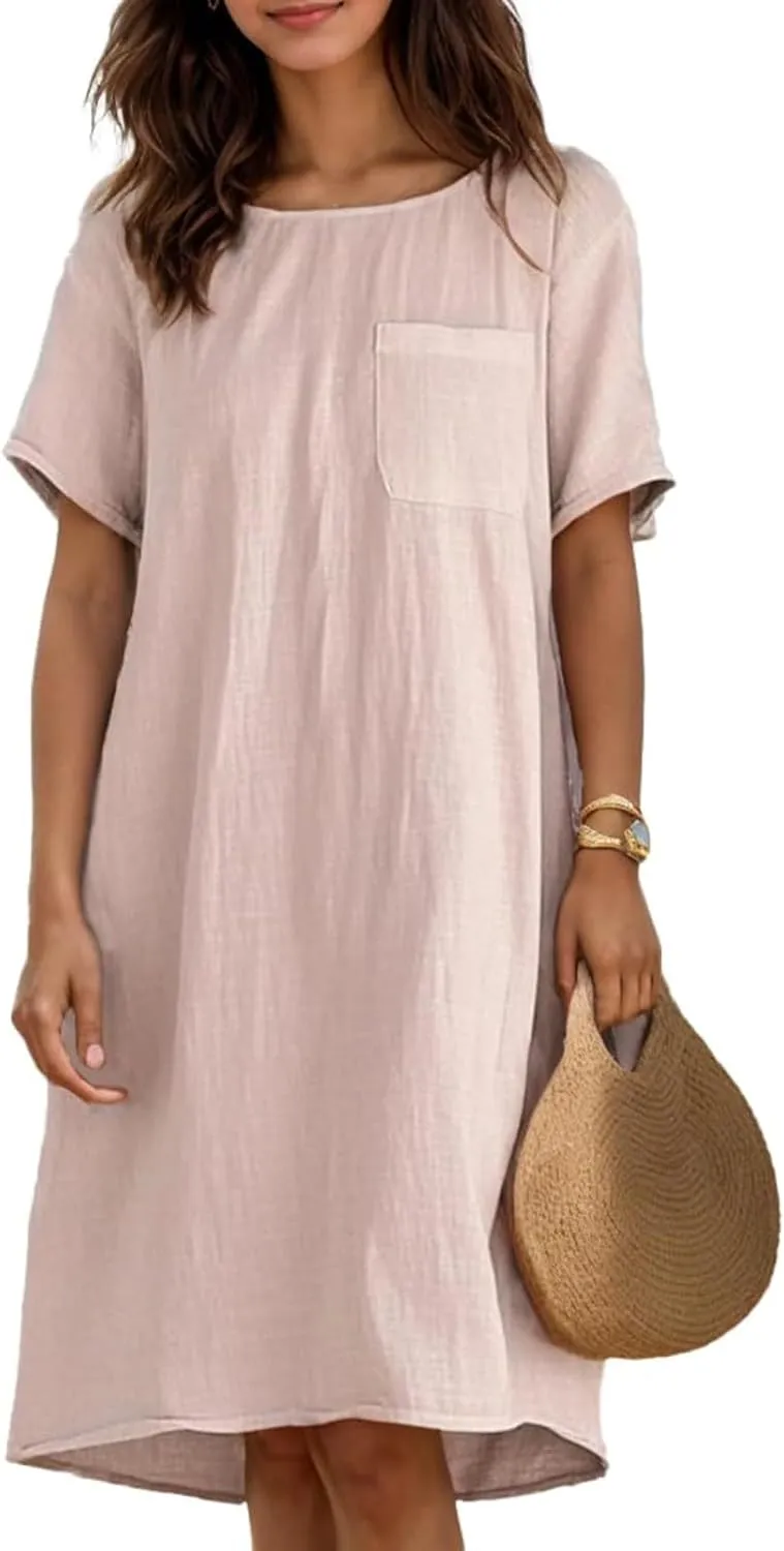 Casual Summer Dresses for Women 2025,Women's Loose Fit Cotton Linen Dresses Short Sleeve Knee Length Solid Beach Dress