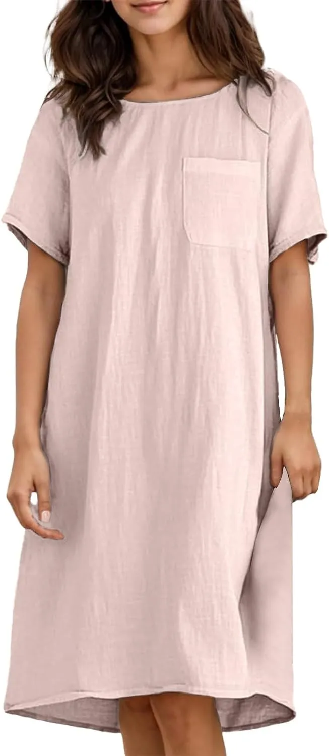 Casual Summer Dresses for Women 2025,Women's Loose Fit Cotton Linen Dresses Short Sleeve Knee Length Solid Beach Dress