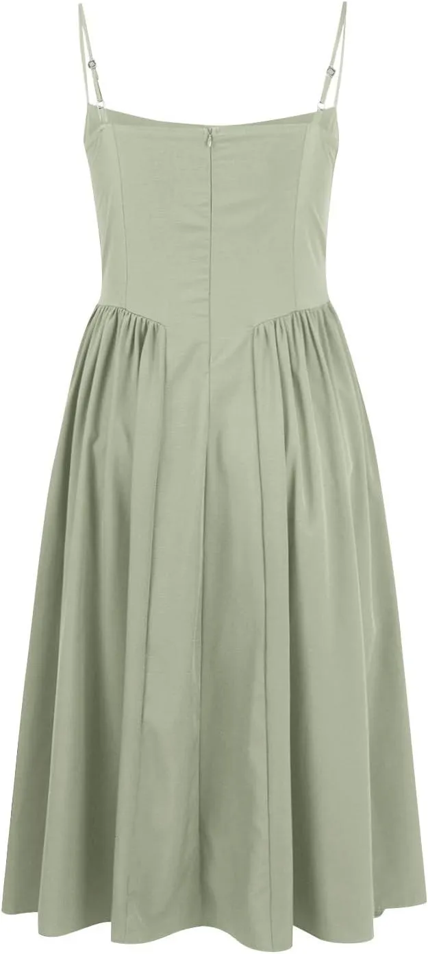 Casual Summer Dresses for Women Spaghetti Strap Midi Dresses Low Cut Bustier Dress with Pockets