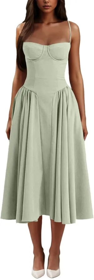 Casual Summer Dresses for Women Spaghetti Strap Midi Dresses Low Cut Bustier Dress with Pockets