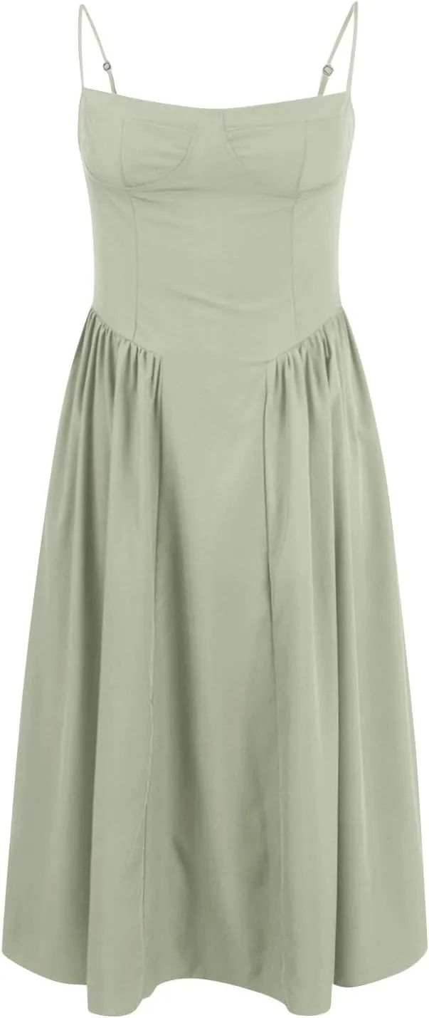Casual Summer Dresses for Women Spaghetti Strap Midi Dresses Low Cut Bustier Dress with Pockets