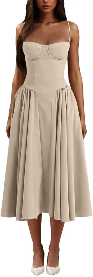 Casual Summer Dresses for Women Spaghetti Strap Midi Dresses Low Cut Bustier Dress with Pockets