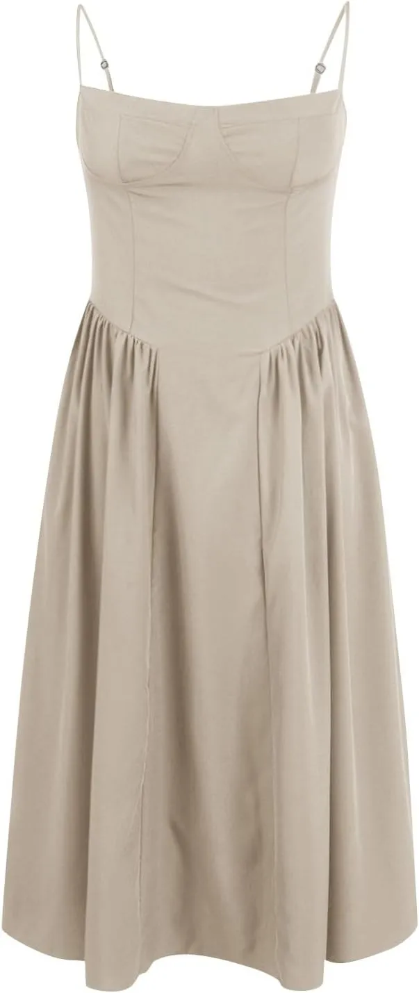 Casual Summer Dresses for Women Spaghetti Strap Midi Dresses Low Cut Bustier Dress with Pockets