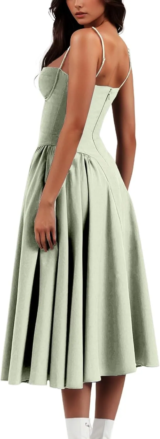 Casual Summer Dresses for Women Spaghetti Strap Midi Dresses Low Cut Bustier Dress with Pockets