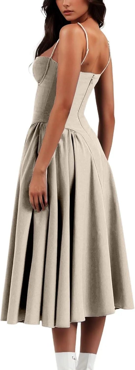 Casual Summer Dresses for Women Spaghetti Strap Midi Dresses Low Cut Bustier Dress with Pockets