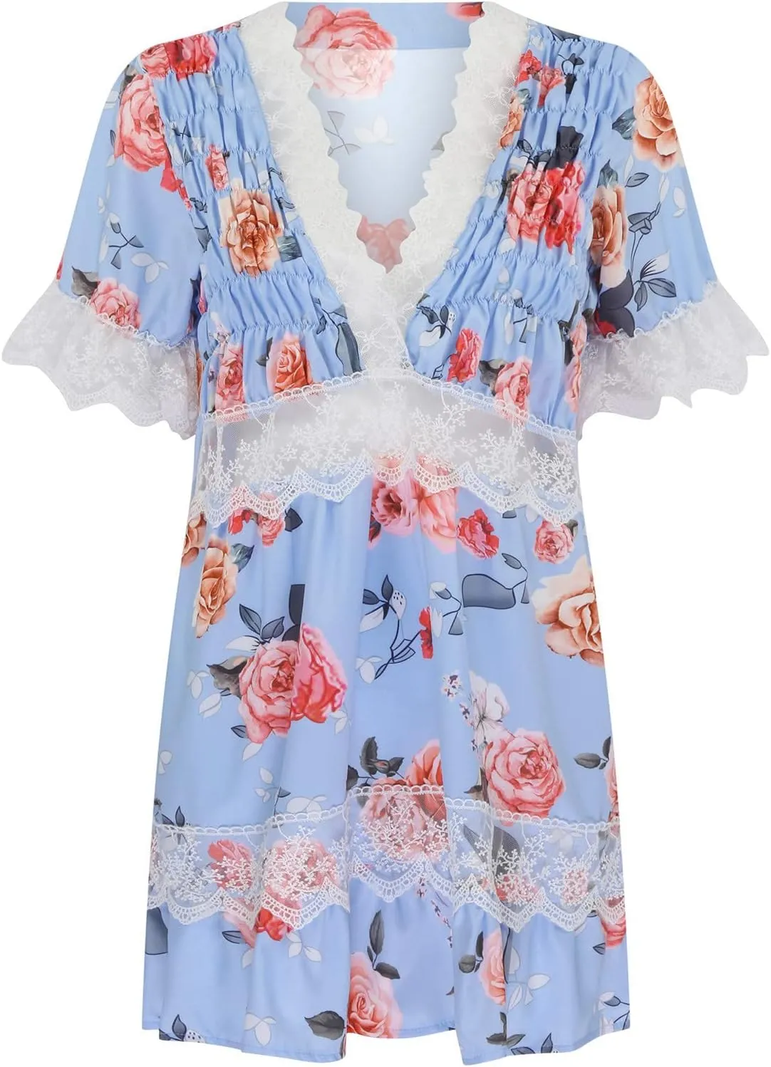 Ceboyel Womens Boho Floral Summer Dress Lace Trim Casual Beach Dresses V Neck Ruffle Swing Short Dress Ladies Clothes 2023