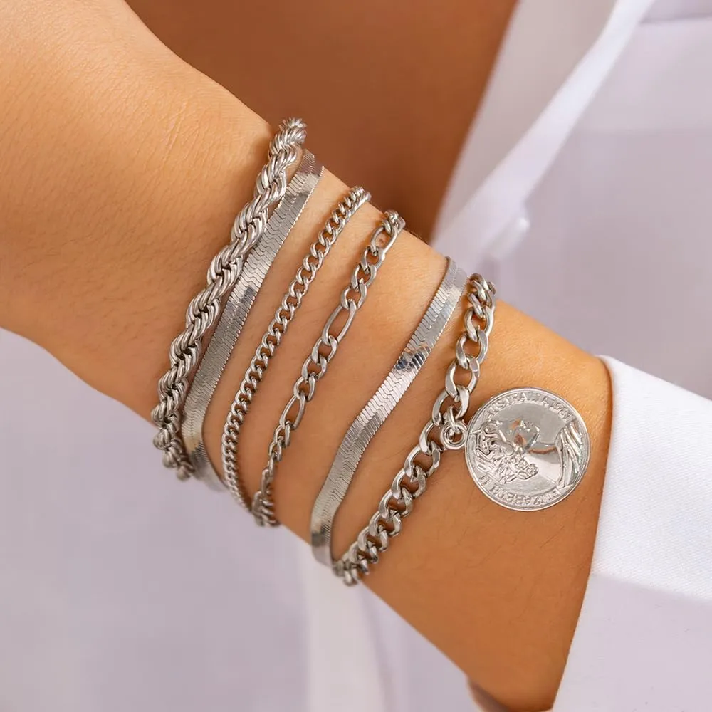 Chargances Charms Layered Cable Chain Bracelets with Coin Pendant Stackable Snake Bone Chain Bangles Fashion Jewelry Bracelets for Women