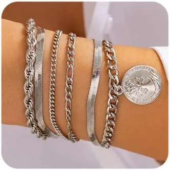 Chargances Charms Layered Cable Chain Bracelets with Coin Pendant Stackable Snake Bone Chain Bangles Fashion Jewelry Bracelets for Women