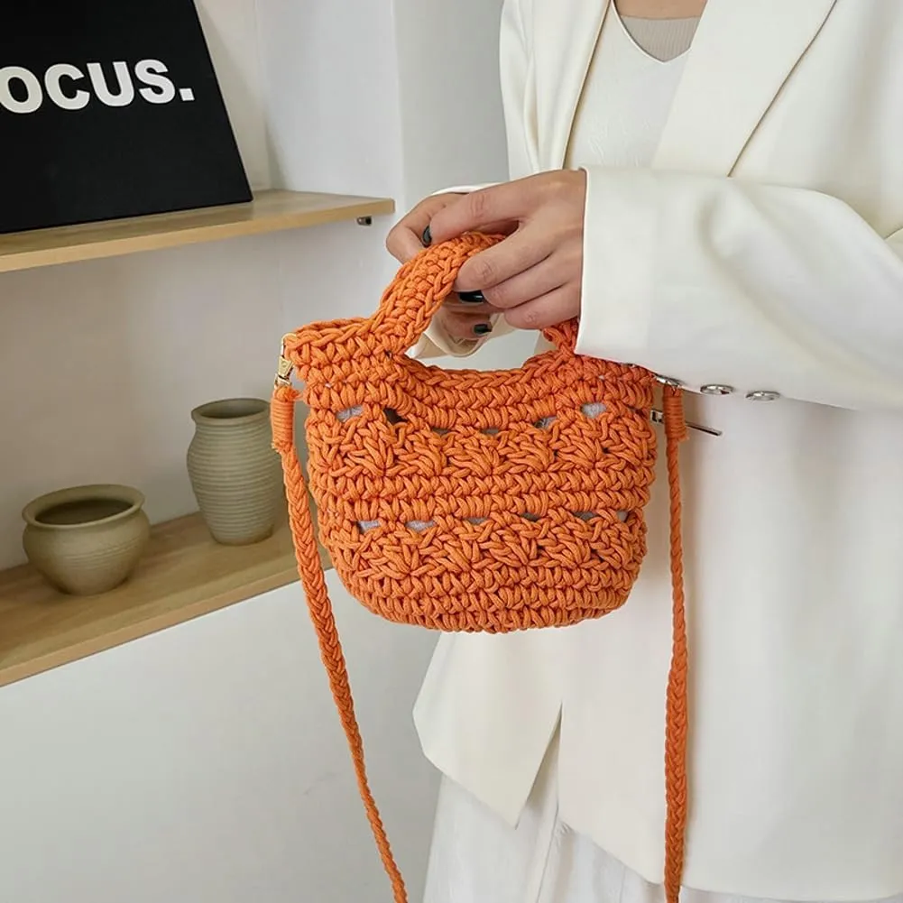 Chic Crochet Knit Crossbody Bags for Women Top-handle Handwoven Tote Bag Trendy Purses Shoulder Satchel 2025