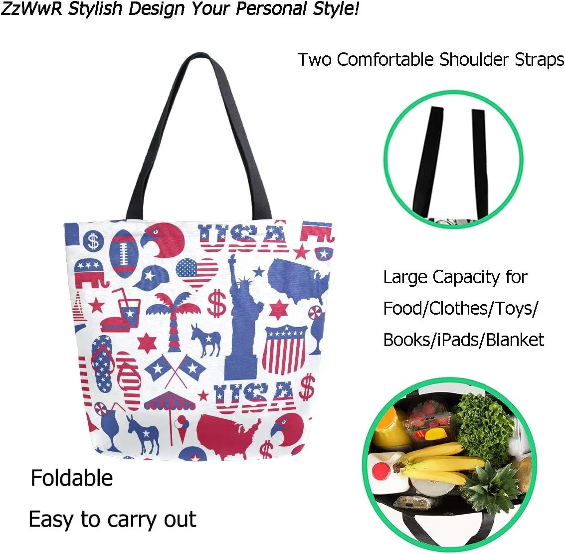 Chic Cute Fashion Style Pattern Extra Large Shoulder Tote Bag for Beach Travel Weekender Gym Grocery Shopping