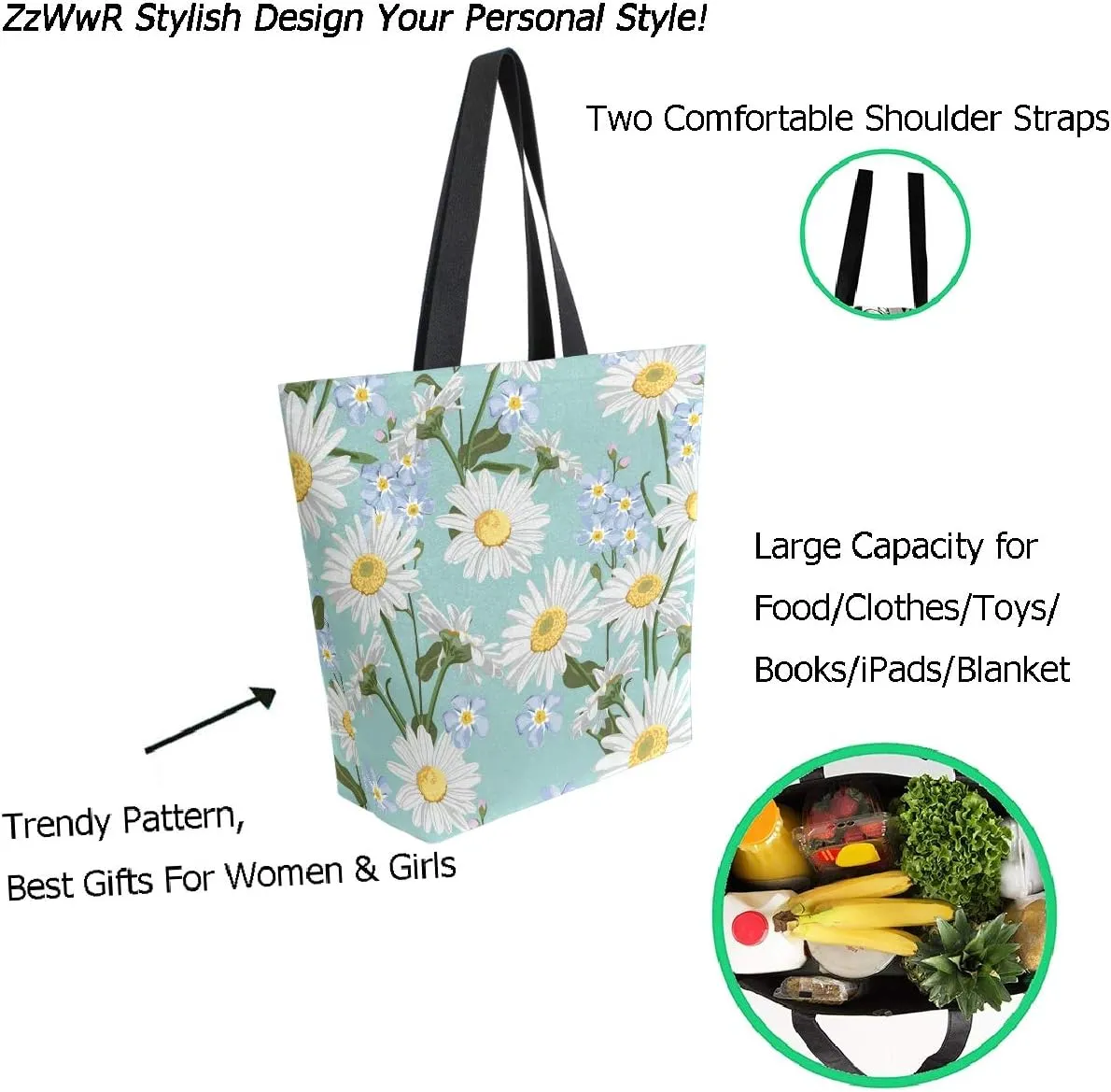 Chic Fashion Floral Pattern Extra Large Shoulder Tote Bag for Beach Travel Weekender Gym Grocery Shopping