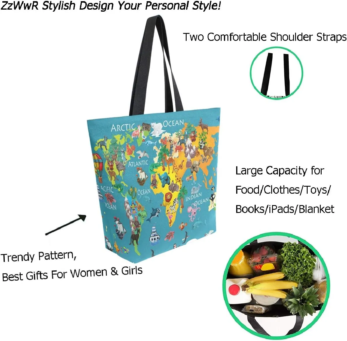 Chic Fashion Pattern Printed Extra Large Shoulder Tote Bag for Beach Travel Weekender Gym Grocery Shopping