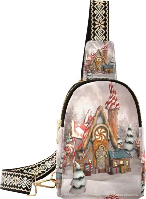 Christmas Gingerbread House Fanny Pack Crossbody PC Leather Small Sling Bag for Women Winter Fashion Waist Packs Chest Bag for Travel Sports Running Hiking