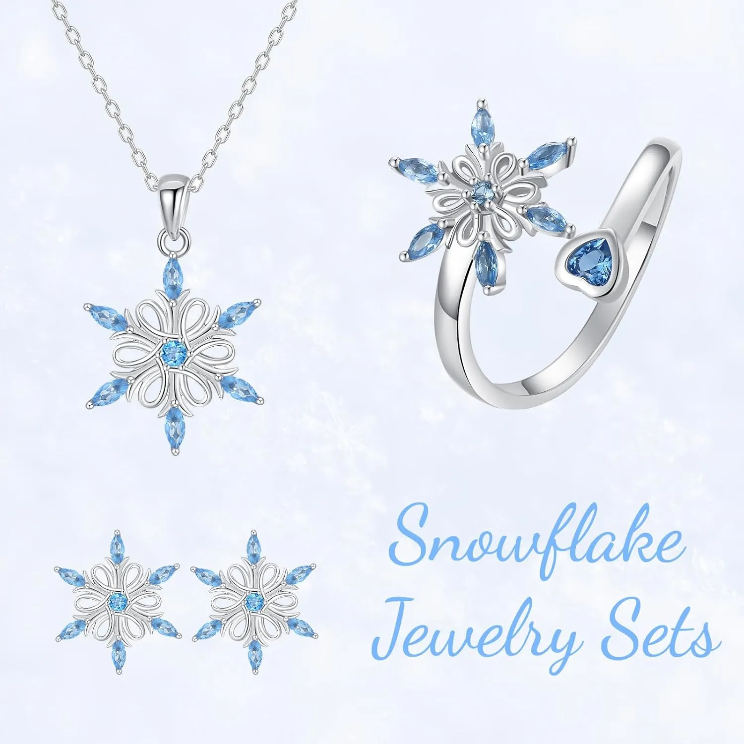 Christmas Snowflake Jewelry - 925 Sterling Silver Blue Snowflake Necklaces Rings Earrings Gifts Jewelry for Women Teens