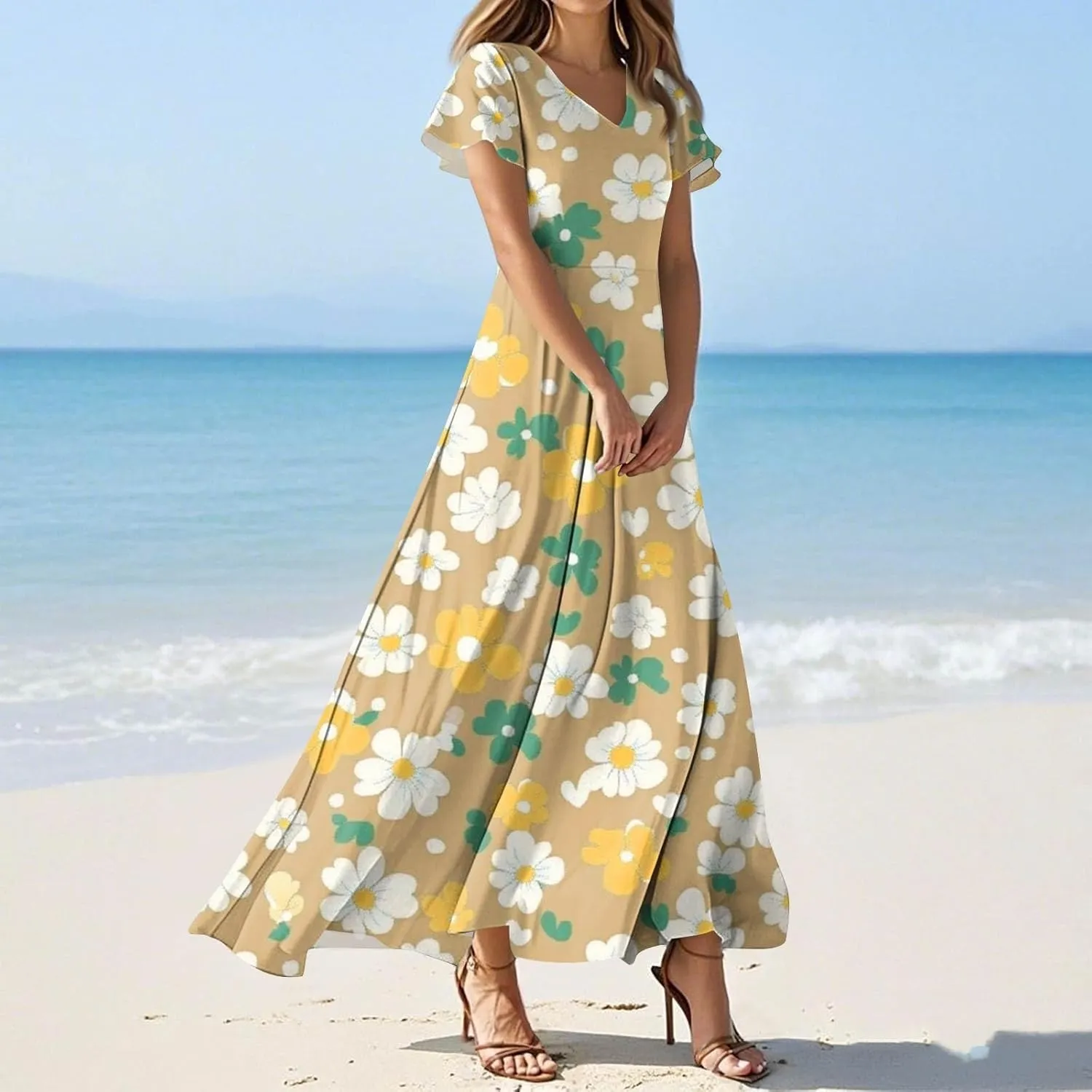 Church Dresses for Women 2025 Summer Elegant Classy Flowy Ruffle Swing V Neck A Line Dress Casual Boho Long Sundress
