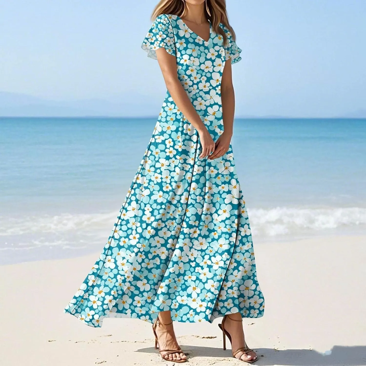 Church Dresses for Women 2025 Summer Elegant Classy Flowy Ruffle Swing V Neck A Line Dress Casual Boho Long Sundress