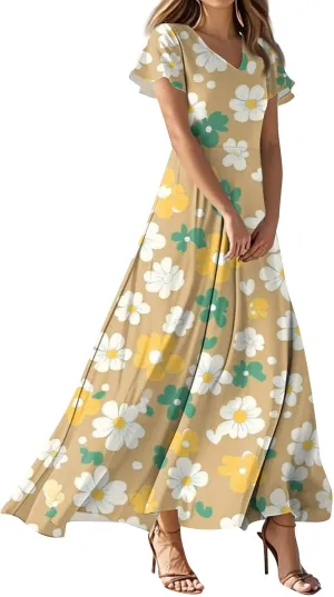 Church Dresses for Women 2025 Summer Elegant Classy Flowy Ruffle Swing V Neck A Line Dress Casual Boho Long Sundress